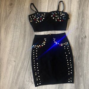 NWT Herve Leger Black Skirt Set with Colorful Crystal Embellishments Sz L